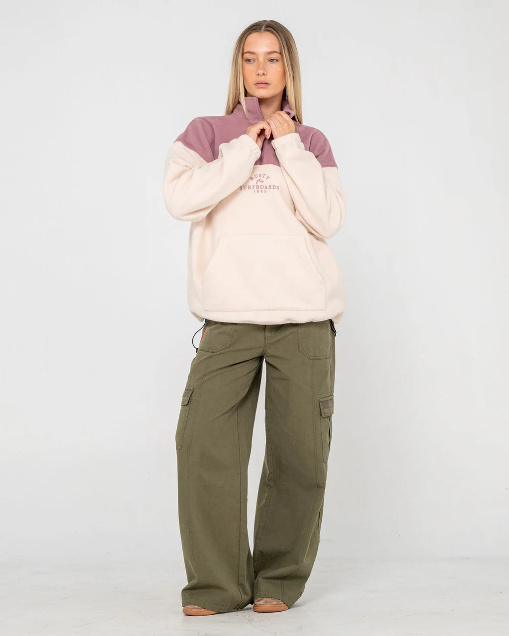 RUSTY CENTRAL DIVISION QUARTER ZIP POLAR FLEECE WOMENS JUMPER PINK A BOO