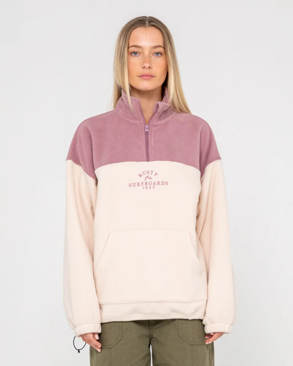 RUSTY CENTRAL DIVISION QUARTER ZIP POLAR FLEECE WOMENS JUMPER PINK A BOO