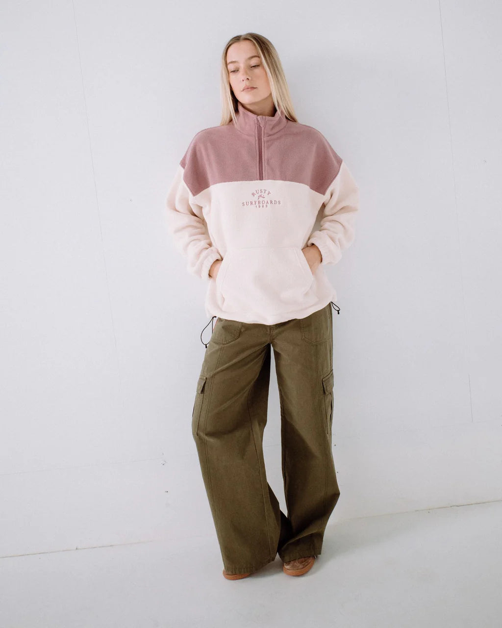 RUSTY CENTRAL DIVISION QUARTER ZIP POLAR FLEECE WOMENS JUMPER PINK A BOO