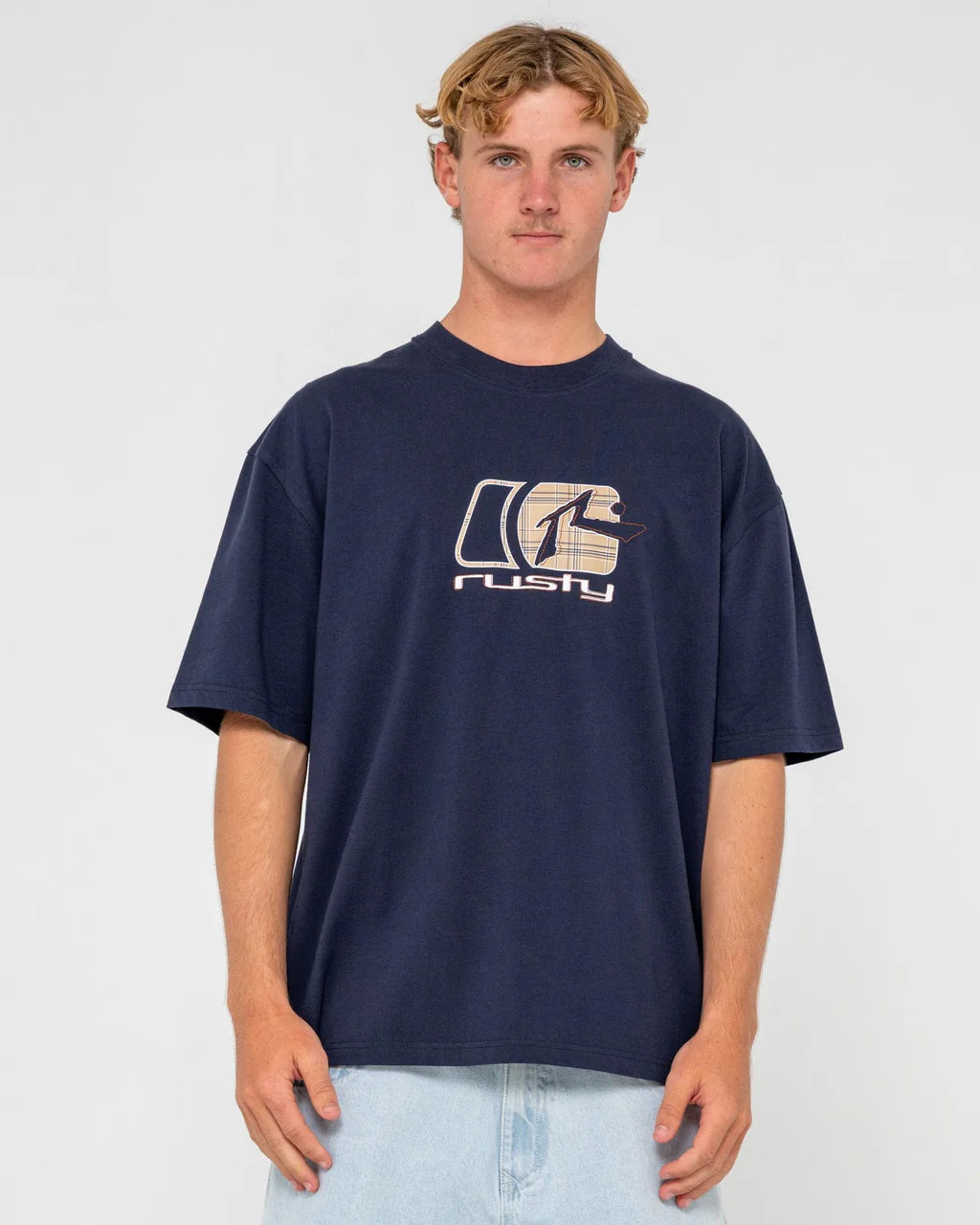 RUSTY CHECKOUT GRAPHIC TEE – MENS COTTON SURF STREET LOGO T-SHIRT NAVY BLUE