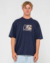 RUSTY CHECKOUT GRAPHIC TEE – MENS COTTON SURF STREET LOGO T-SHIRT NAVY BLUE