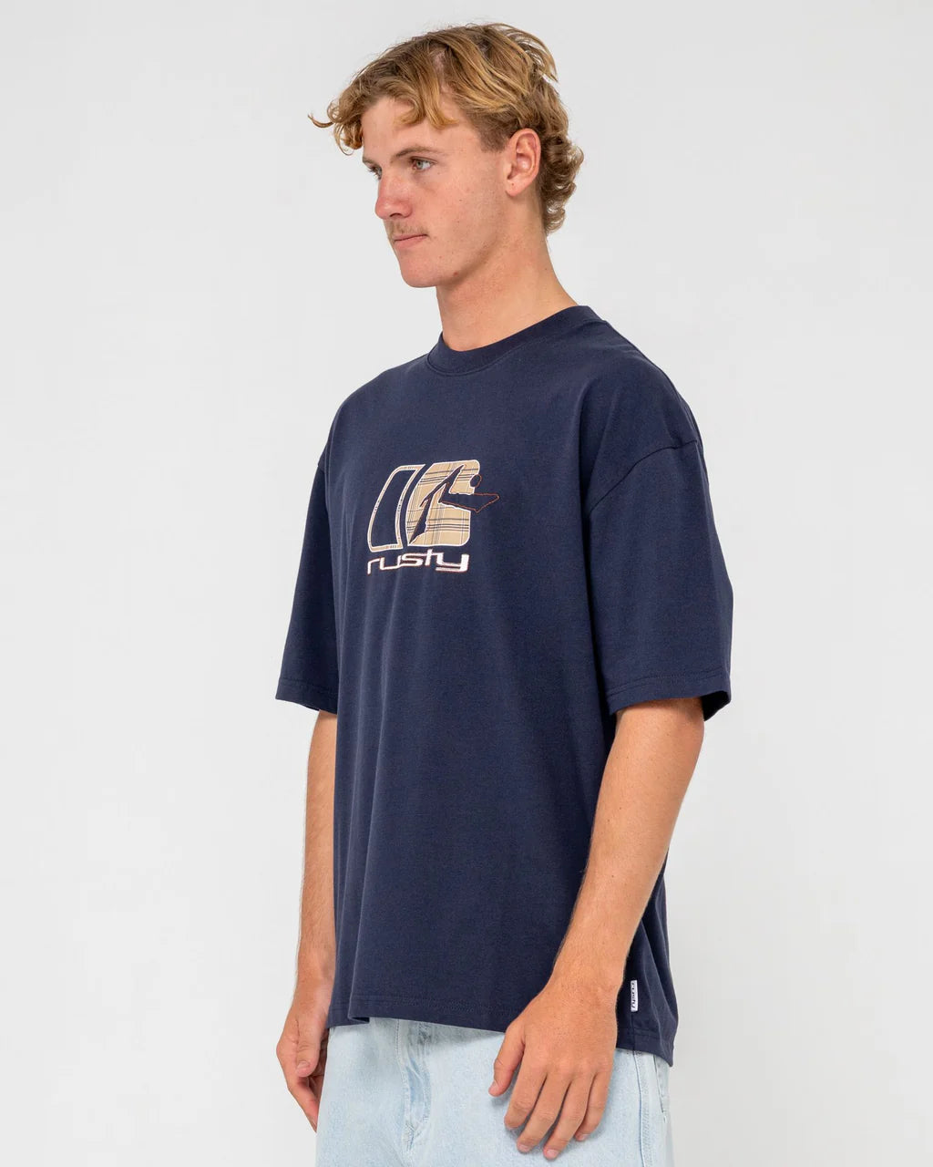 RUSTY CHECKOUT GRAPHIC TEE – MENS COTTON SURF STREET LOGO T-SHIRT NAVY BLUE