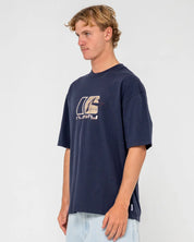 RUSTY CHECKOUT GRAPHIC TEE – MENS COTTON SURF STREET LOGO T-SHIRT NAVY BLUE
