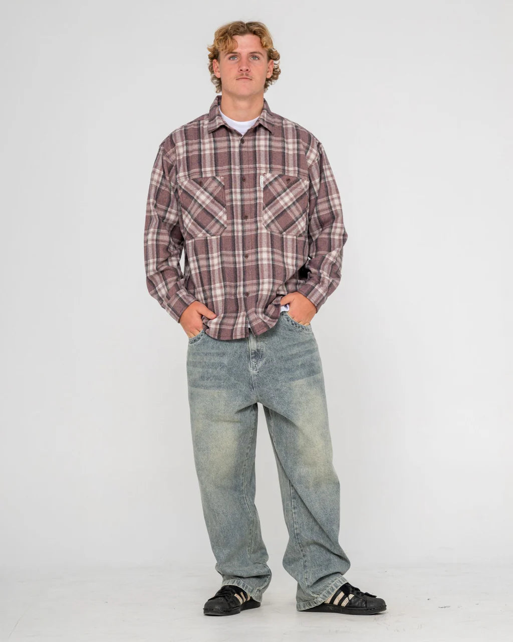 RUSTY COBRA FLANNEL LONG SLEEVE SHIRT MENS CHECK SHIRT STREETWEAR PURPLE ASH