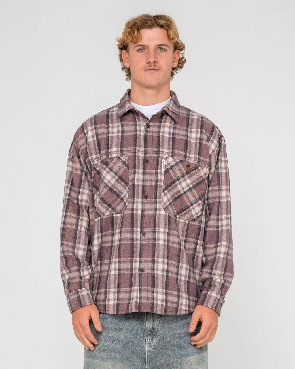 RUSTY COBRA FLANNEL LONG SLEEVE SHIRT MENS CHECK SHIRT STREETWEAR PURPLE ASH