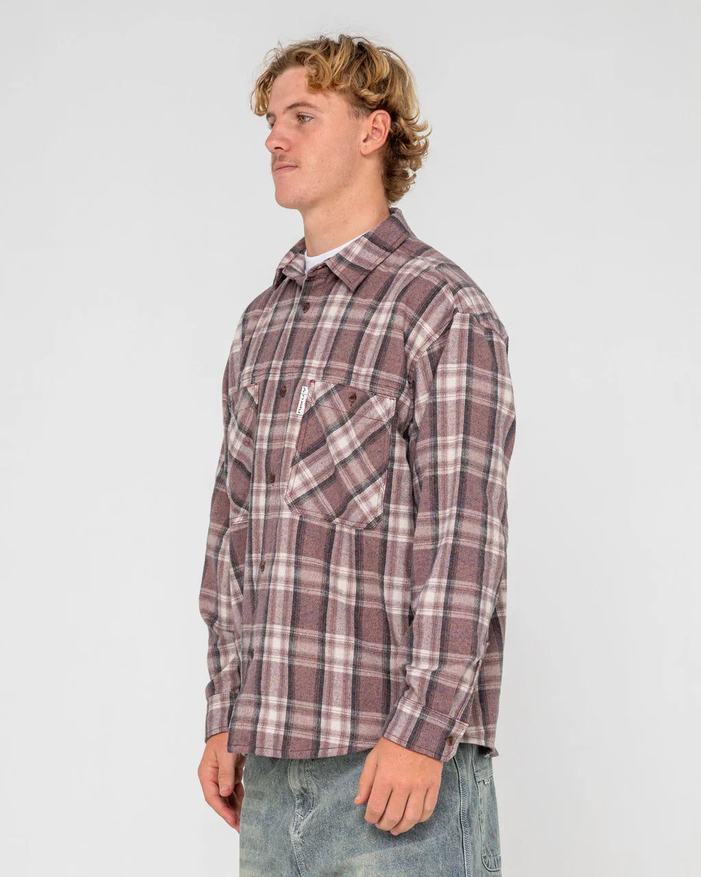RUSTY COBRA FLANNEL LONG SLEEVE SHIRT MENS CHECK SHIRT STREETWEAR PURPLE ASH