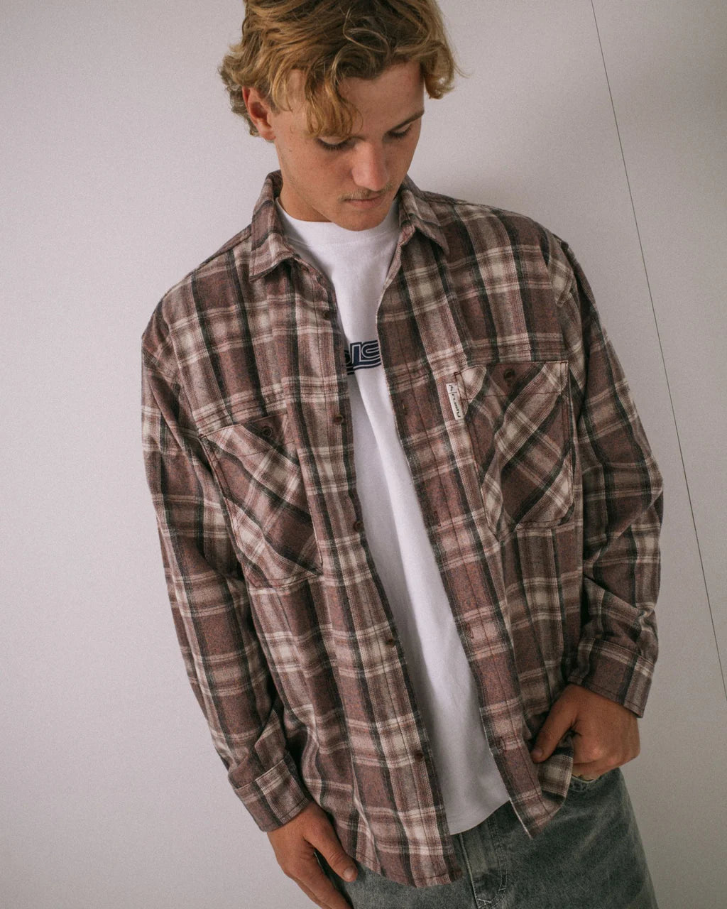 RUSTY COBRA FLANNEL LONG SLEEVE SHIRT MENS CHECK SHIRT STREETWEAR PURPLE ASH