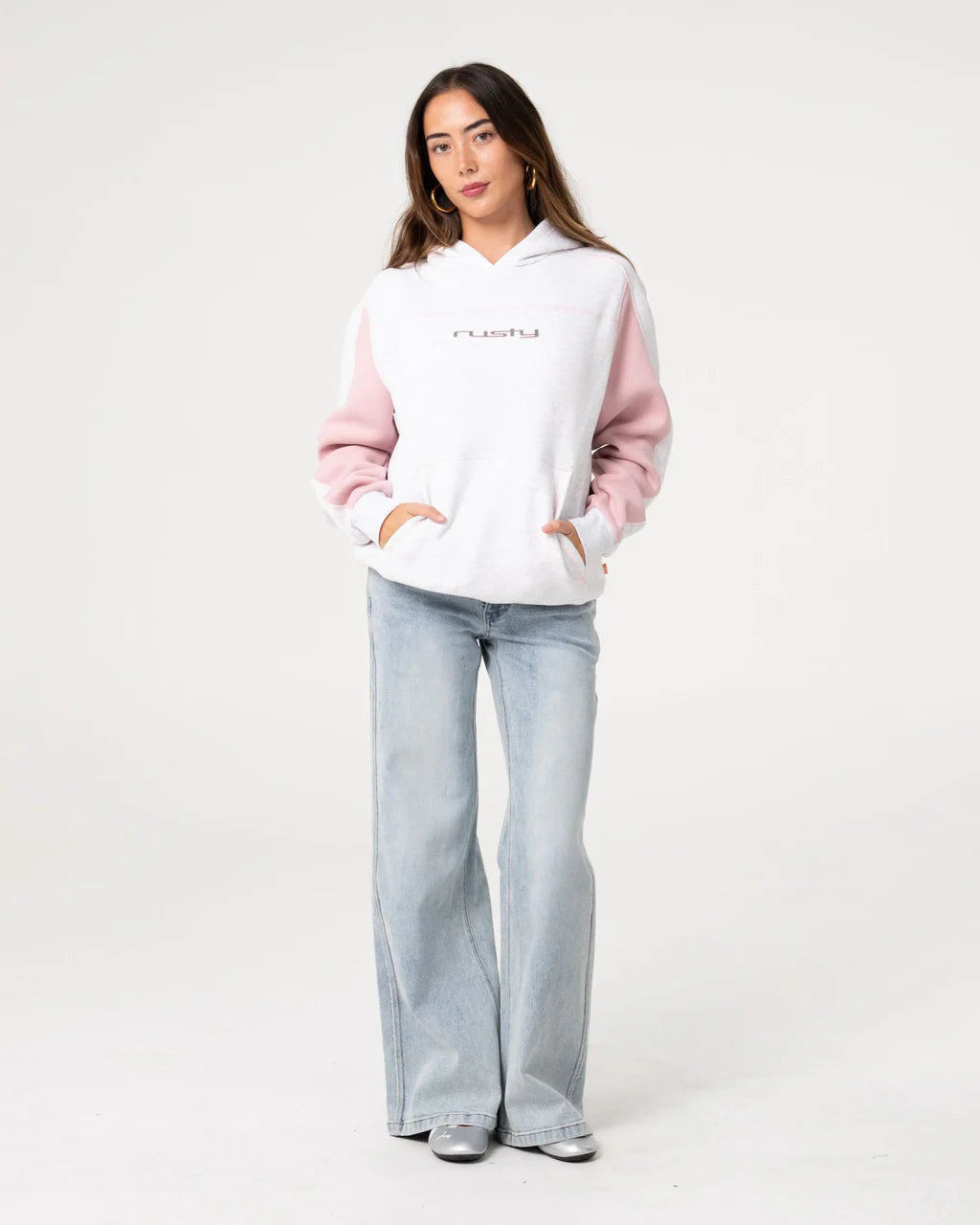 RUSTY CYBERWAVES OVERSIZED FLEECE HOODIE – ECRU MARLE / PINK