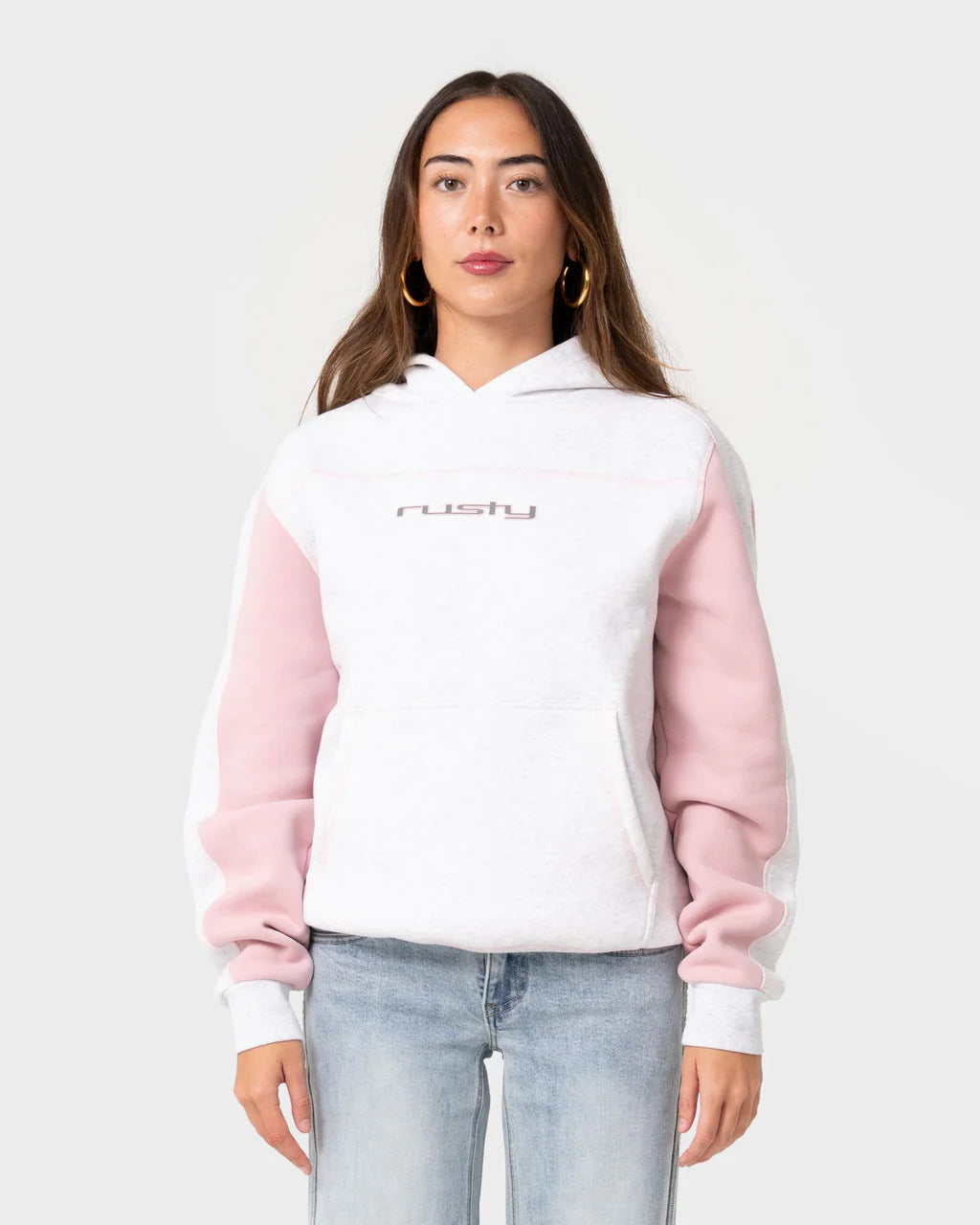 RUSTY CYBERWAVES OVERSIZED FLEECE HOODIE – ECRU MARLE / PINK