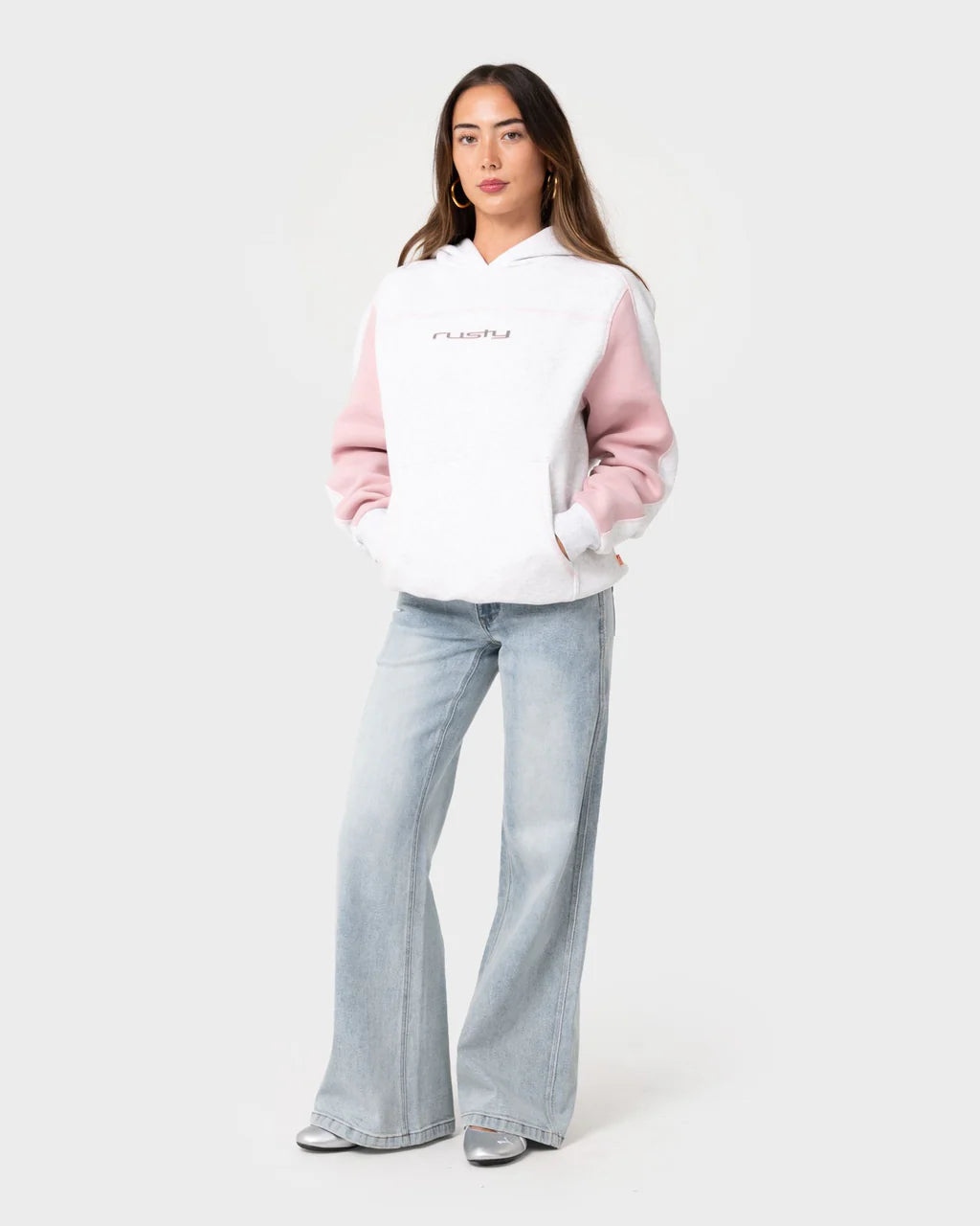 RUSTY CYBERWAVES OVERSIZED FLEECE HOODIE – ECRU MARLE / PINK