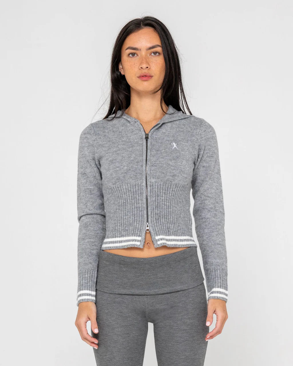 RUSTY DEVIL GIRL KNITTED ZIP THROUGH HOOD WOMENS KNIT HOODIE STREETWEAR GREY MARLE