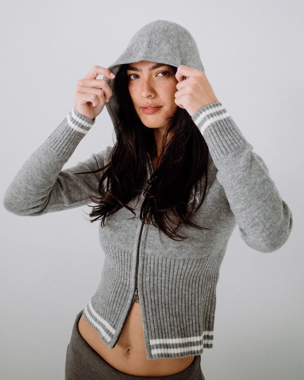RUSTY DEVIL GIRL KNITTED ZIP THROUGH HOOD WOMENS KNIT HOODIE STREETWEAR GREY MARLE