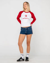 RUSTY DEVIL RAGLAN LONG SLEEVE TEE WOMENS GRAPHIC STREETWEAR TOP WHITE