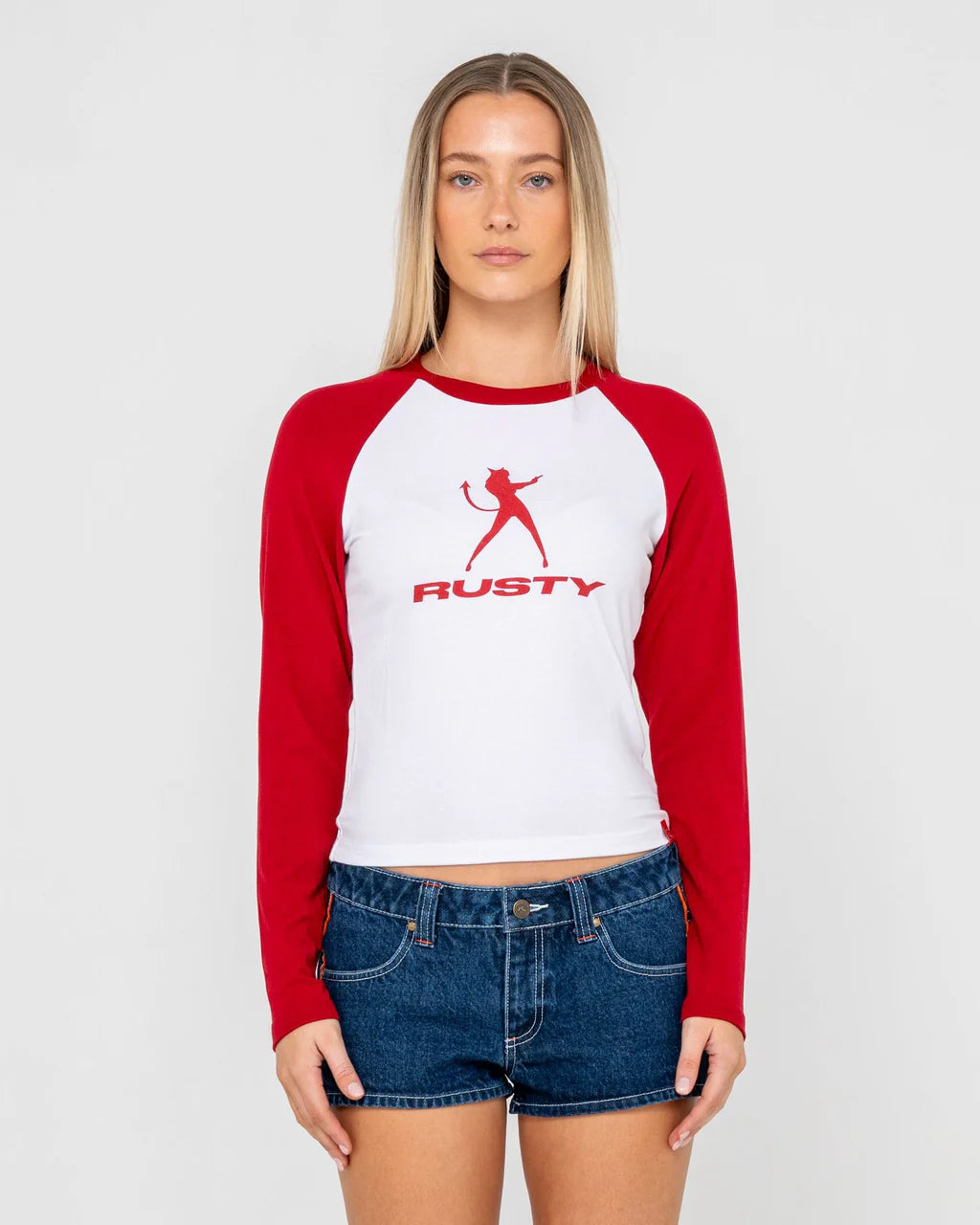 RUSTY DEVIL RAGLAN LONG SLEEVE TEE WOMENS GRAPHIC STREETWEAR TOP WHITE