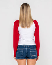 RUSTY DEVIL RAGLAN LONG SLEEVE TEE WOMENS GRAPHIC STREETWEAR TOP WHITE