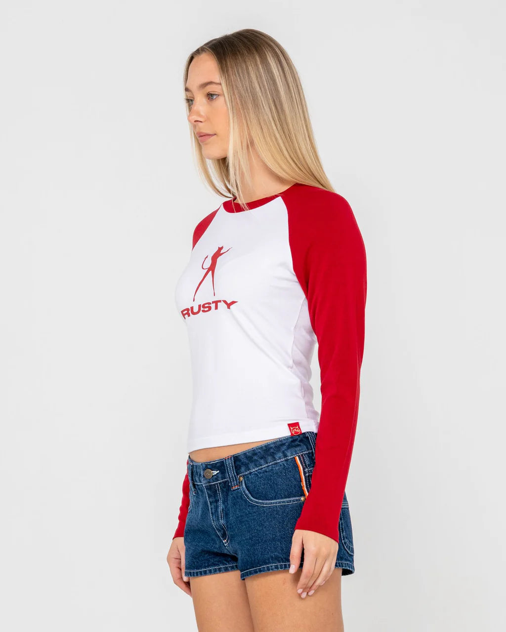 RUSTY DEVIL RAGLAN LONG SLEEVE TEE WOMENS GRAPHIC STREETWEAR TOP WHITE