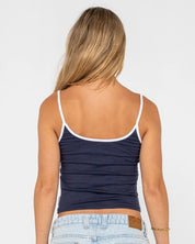 RUSTY DEVIL STAPLE GRAPHIC SINGLET – WOMENS RETRO SURF COTTON TANK NAVY