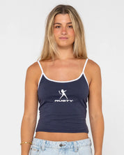 RUSTY DEVIL STAPLE GRAPHIC SINGLET – WOMENS RETRO SURF COTTON TANK NAVY