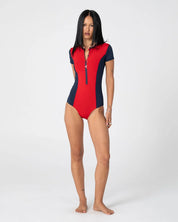 RUSTY DIRT RIDER SHORT SLEEVE SURF SUIT – RED / NAVY
