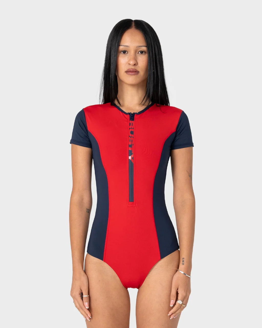 RUSTY DIRT RIDER SHORT SLEEVE SURF SUIT – RED / NAVY