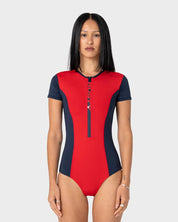RUSTY DIRT RIDER SHORT SLEEVE SURF SUIT – RED / NAVY