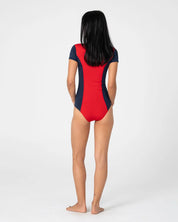 RUSTY DIRT RIDER SHORT SLEEVE SURF SUIT – RED / NAVY