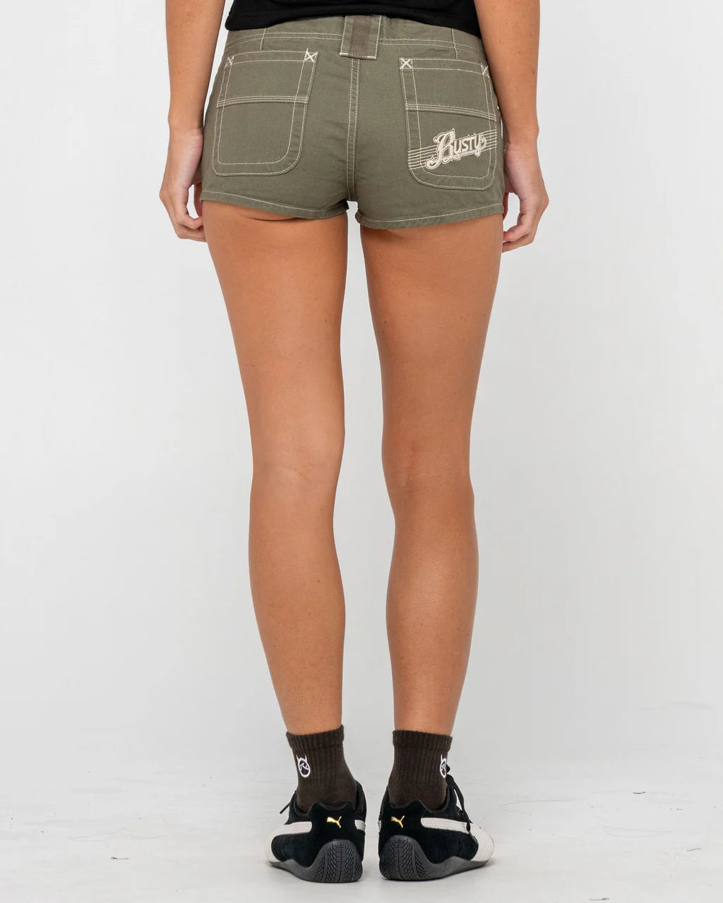 RUSTY DIRTBAG LOW RISE MINI CARGO SHORT – WOMENS UTILITY DENIM SHORT LIGHT KHAKI