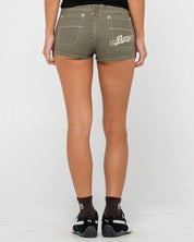 RUSTY DIRTBAG LOW RISE MINI CARGO SHORT – WOMENS UTILITY DENIM SHORT LIGHT KHAKI