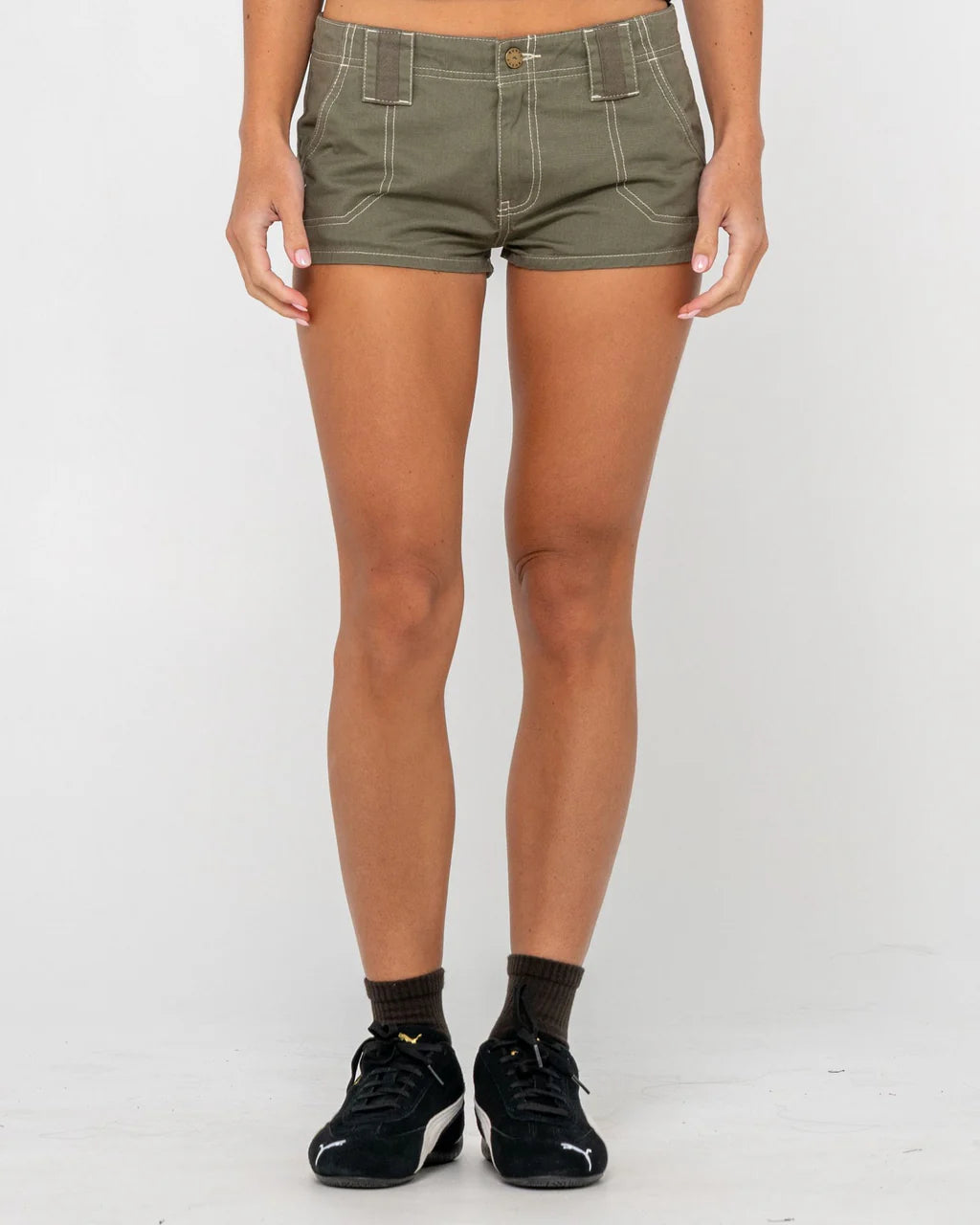RUSTY DIRTBAG LOW RISE MINI CARGO SHORT – WOMENS UTILITY DENIM SHORT LIGHT KHAKI