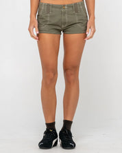 RUSTY DIRTBAG LOW RISE MINI CARGO SHORT – WOMENS UTILITY DENIM SHORT LIGHT KHAKI