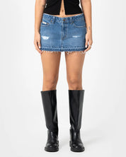 RUSTY DISTRESS ME OUT MICRO MINI DENIM SKIRT – BLASTED MIDDY BLUE