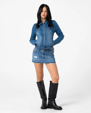 RUSTY DISTRESS ME OUT MICRO MINI DENIM SKIRT – BLASTED MIDDY BLUE