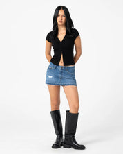 RUSTY DISTRESS ME OUT MICRO MINI DENIM SKIRT – BLASTED MIDDY BLUE