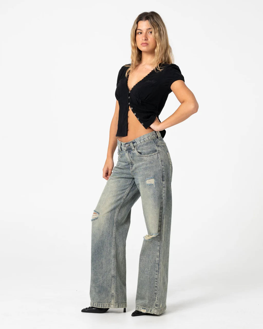 RUSTY DIY WENDY WIDE LOW RISE DISTRESSED JEANS – DIRTY DAWG