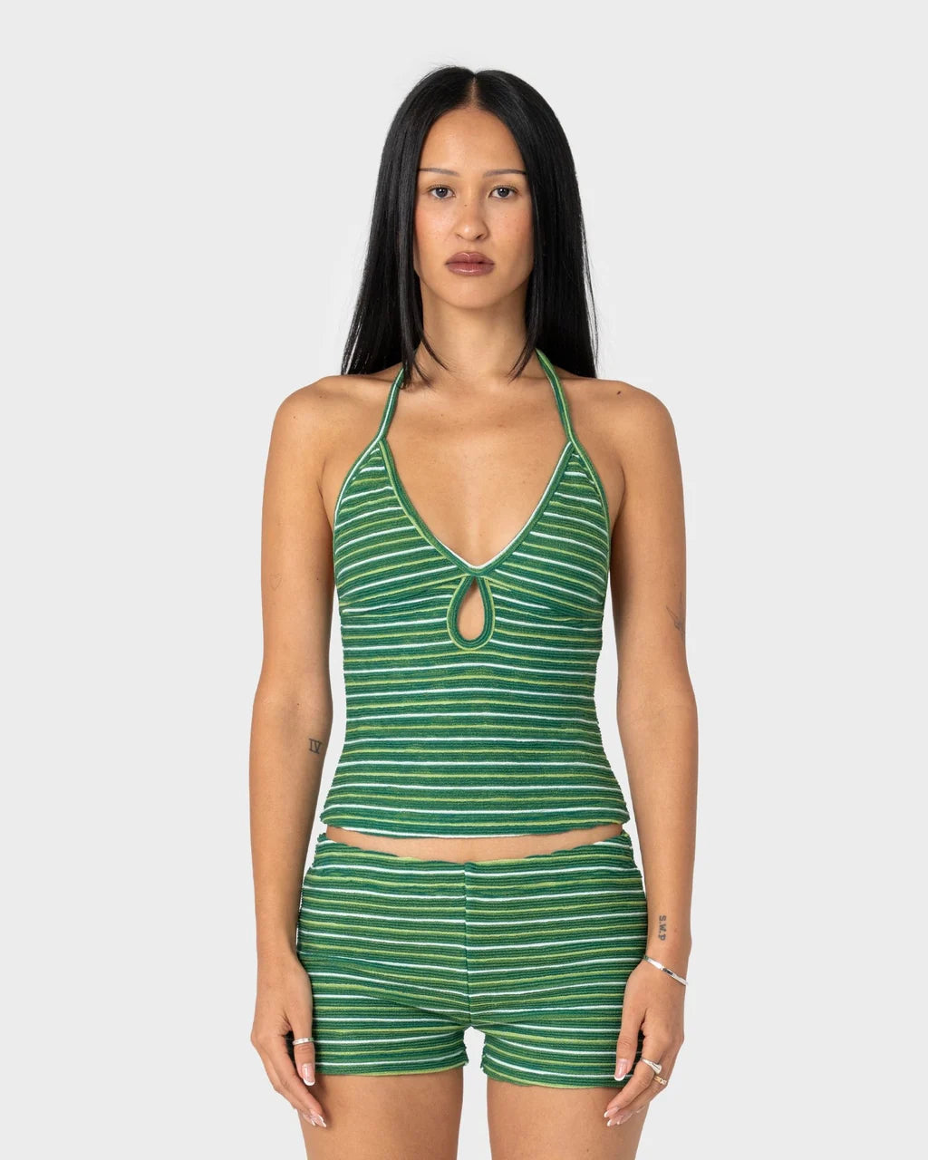 RUSTY EMMA CUT OUT HALTER NECK TOP – TONAL GREEN STRIPE