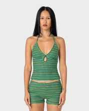 RUSTY EMMA CUT OUT HALTER NECK TOP – TONAL GREEN STRIPE