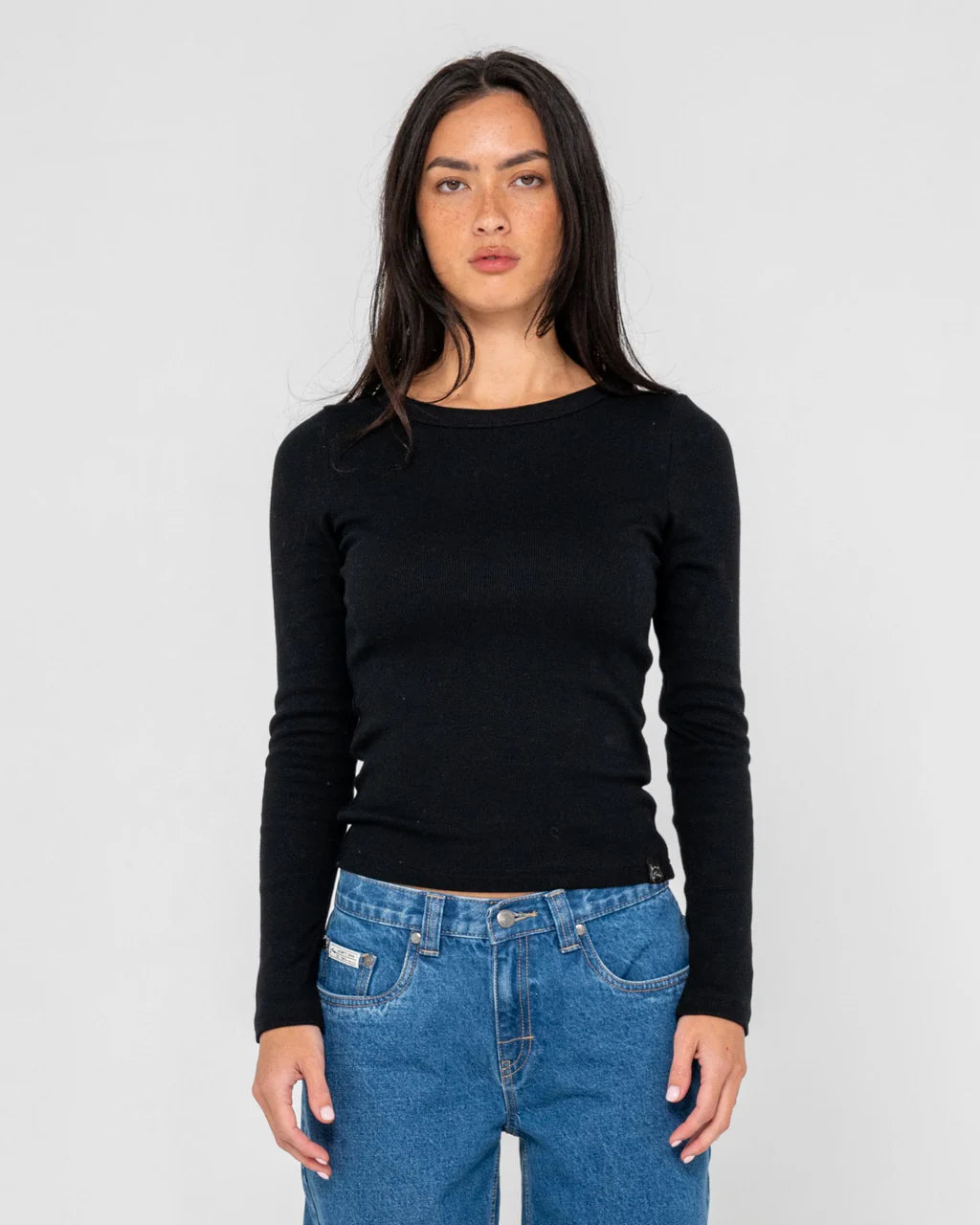 RUSTY ESSENTIALS LONG SLEEVE TEE WOMENS BASIC STREETWEAR TOP BLACK
