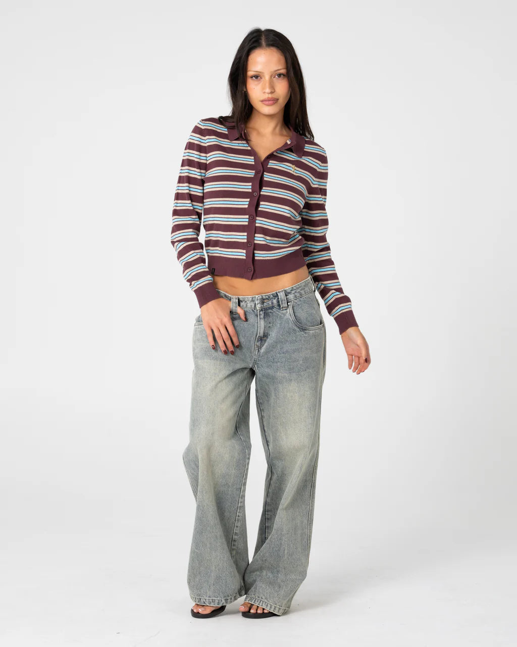 RUSTY EXTRA CREDIT STRIPE BUTTON UP CARDIGAN WOMENS KNIT SWEATER BURGUNDY STRIPE