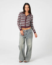 RUSTY EXTRA CREDIT STRIPE BUTTON UP CARDIGAN WOMENS KNIT SWEATER BURGUNDY STRIPE