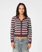 RUSTY EXTRA CREDIT STRIPE BUTTON UP CARDIGAN WOMENS KNIT SWEATER BURGUNDY STRIPE