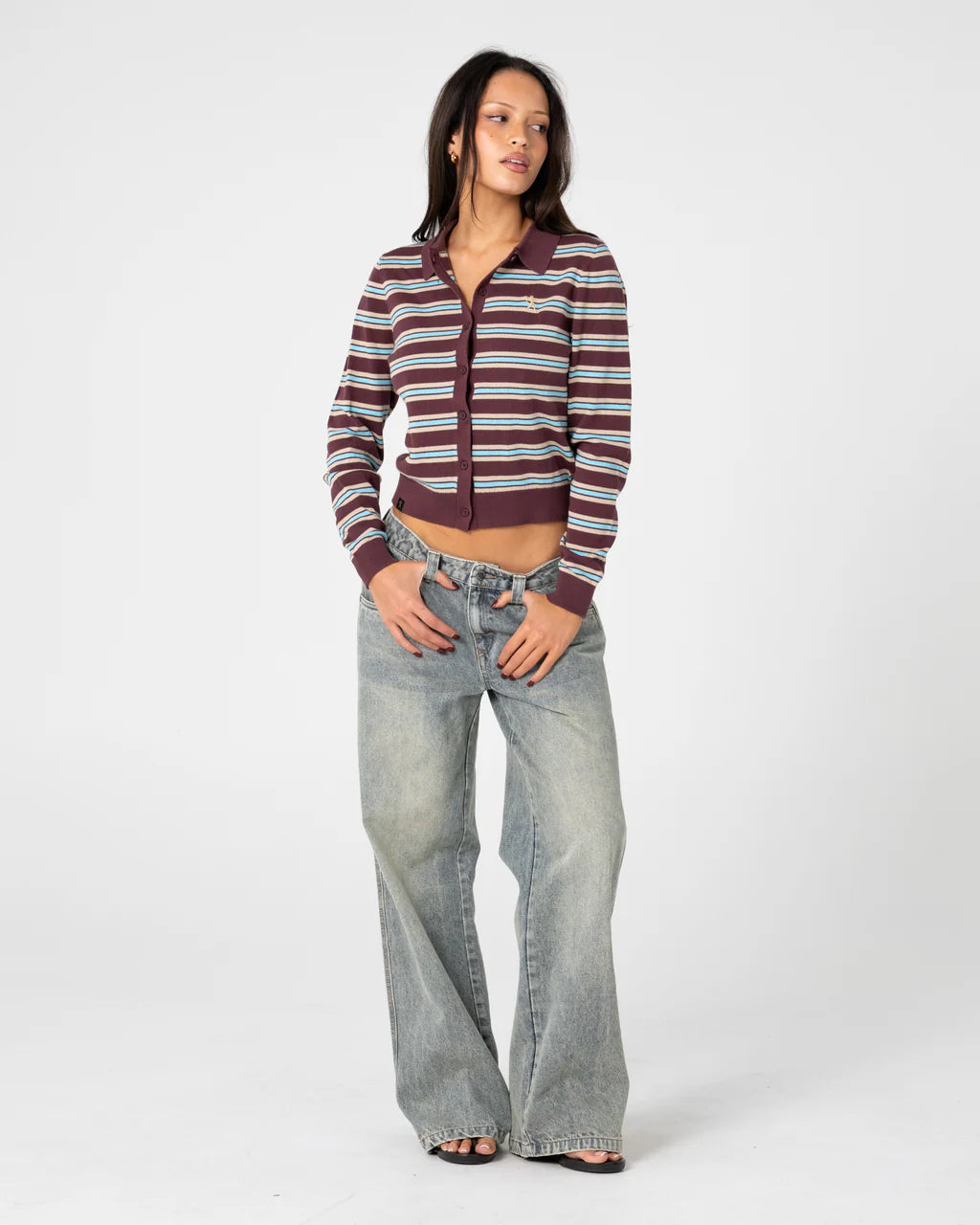 RUSTY EXTRA CREDIT STRIPE BUTTON UP CARDIGAN WOMENS KNIT SWEATER BURGUNDY STRIPE