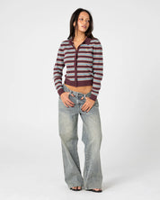 RUSTY EXTRA CREDIT STRIPE BUTTON UP CARDIGAN WOMENS KNIT SWEATER BURGUNDY STRIPE