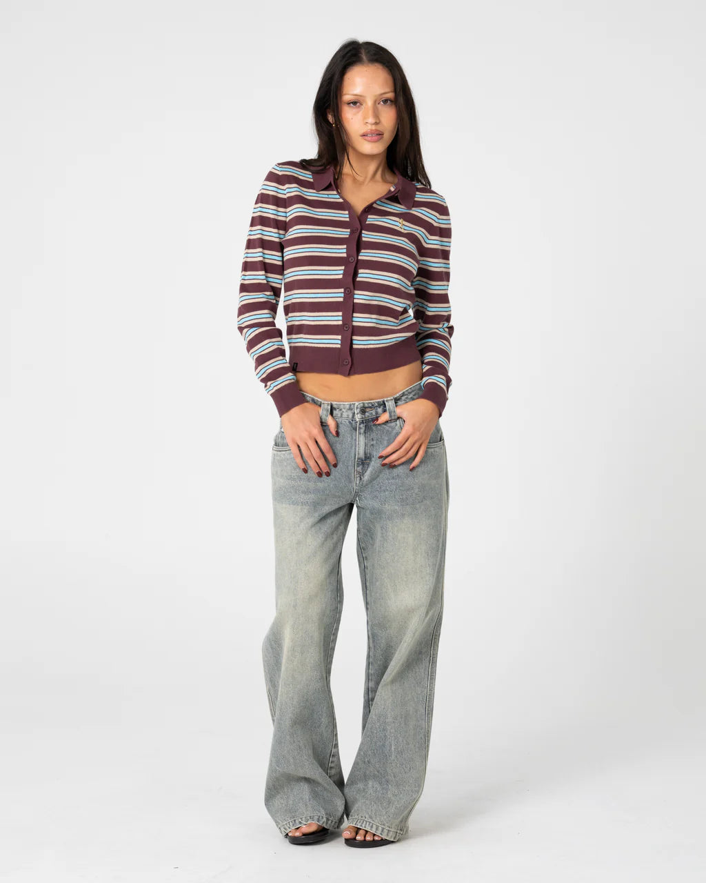 RUSTY EXTRA CREDIT STRIPE BUTTON UP CARDIGAN WOMENS KNIT SWEATER BURGUNDY STRIPE