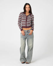RUSTY EXTRA CREDIT STRIPE BUTTON UP CARDIGAN WOMENS KNIT SWEATER BURGUNDY STRIPE