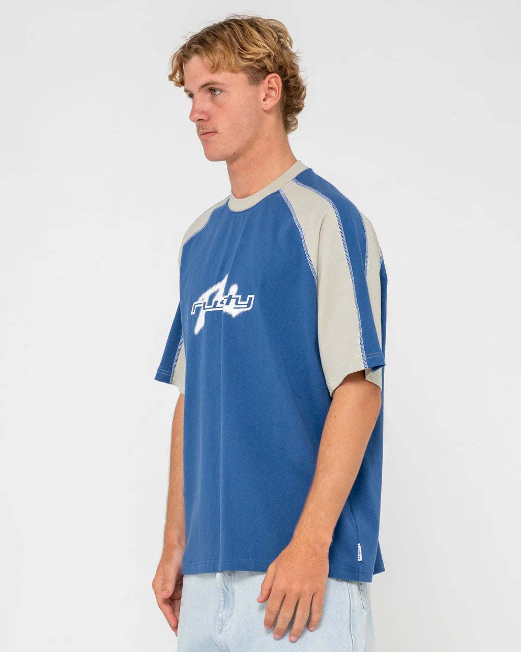 RUSTY FADE-R PANEL GRAPHIC TEE – MENS RETRO TWO TONE SURF T-SHIRT ATLANTIC BLUE