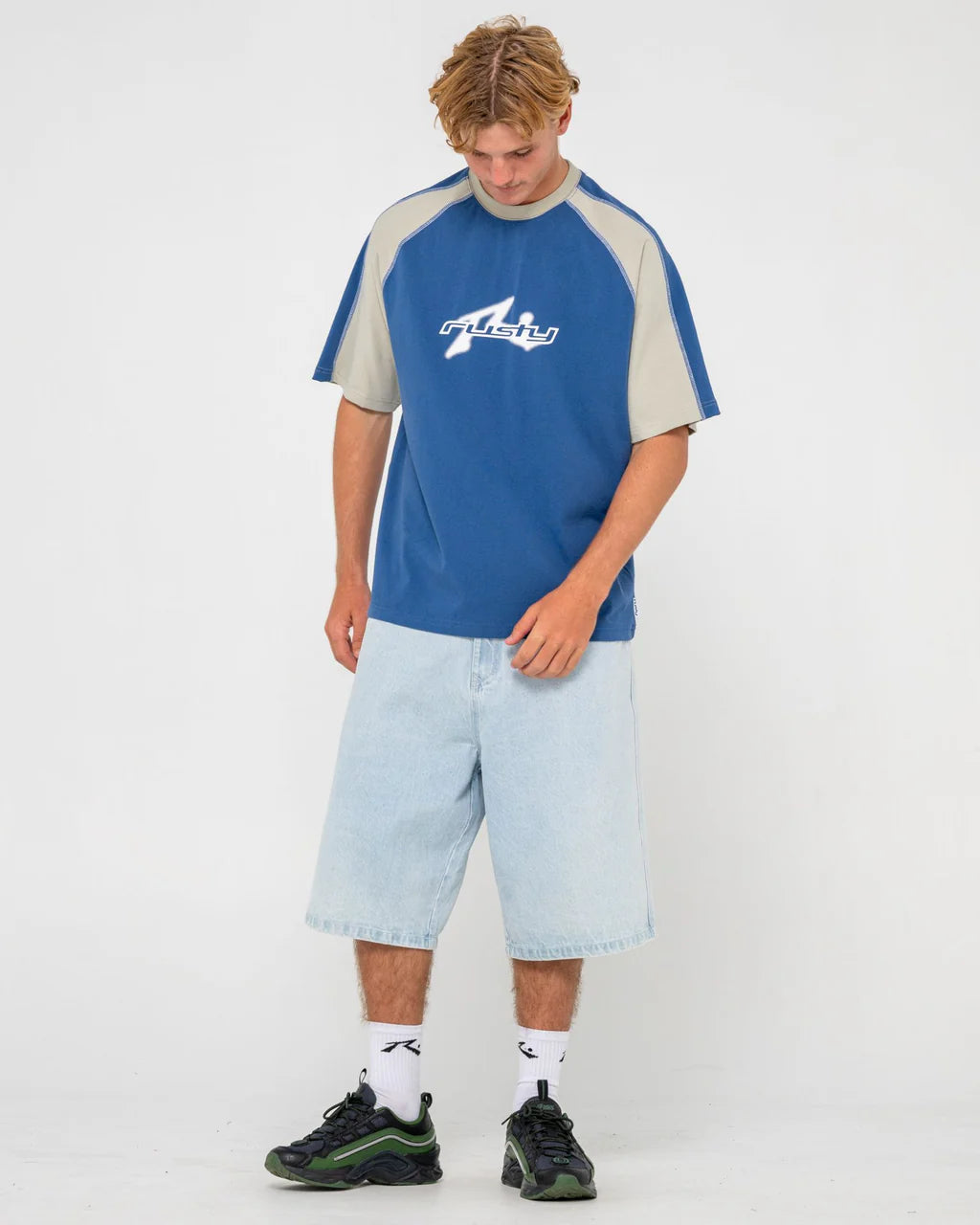 RUSTY FADE-R PANEL GRAPHIC TEE – MENS RETRO TWO TONE SURF T-SHIRT ATLANTIC BLUE