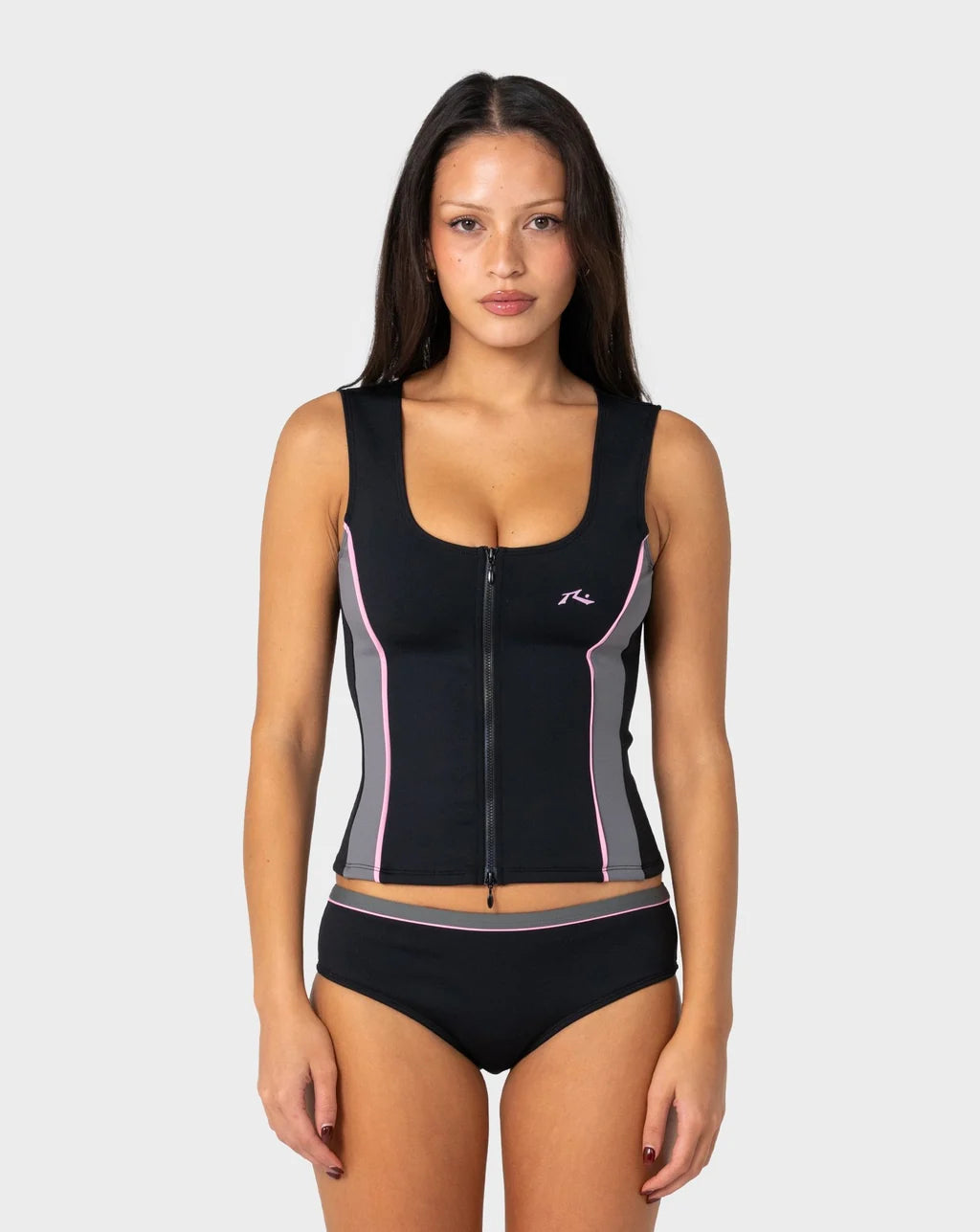 RUSTY FARRAH SCOOP ZIP THROUGH SWIM TOP – BLACK / PINK