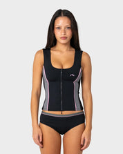 RUSTY FARRAH SCOOP ZIP THROUGH SWIM TOP – BLACK / PINK