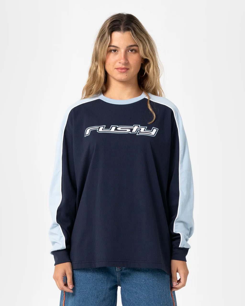 RUSTY FINE LINE OVERSIZED LONG SLEEVE TEE – NAVY BLUE