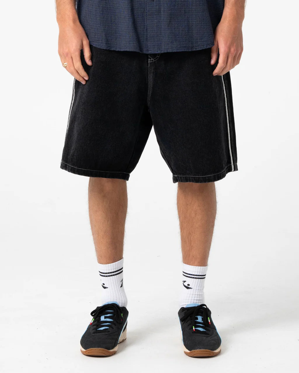 RUSTY FLIP DADDY 2.0 22" BAGGY JORT – MENS DENIM SURF STREET SHORT BLACK OUT